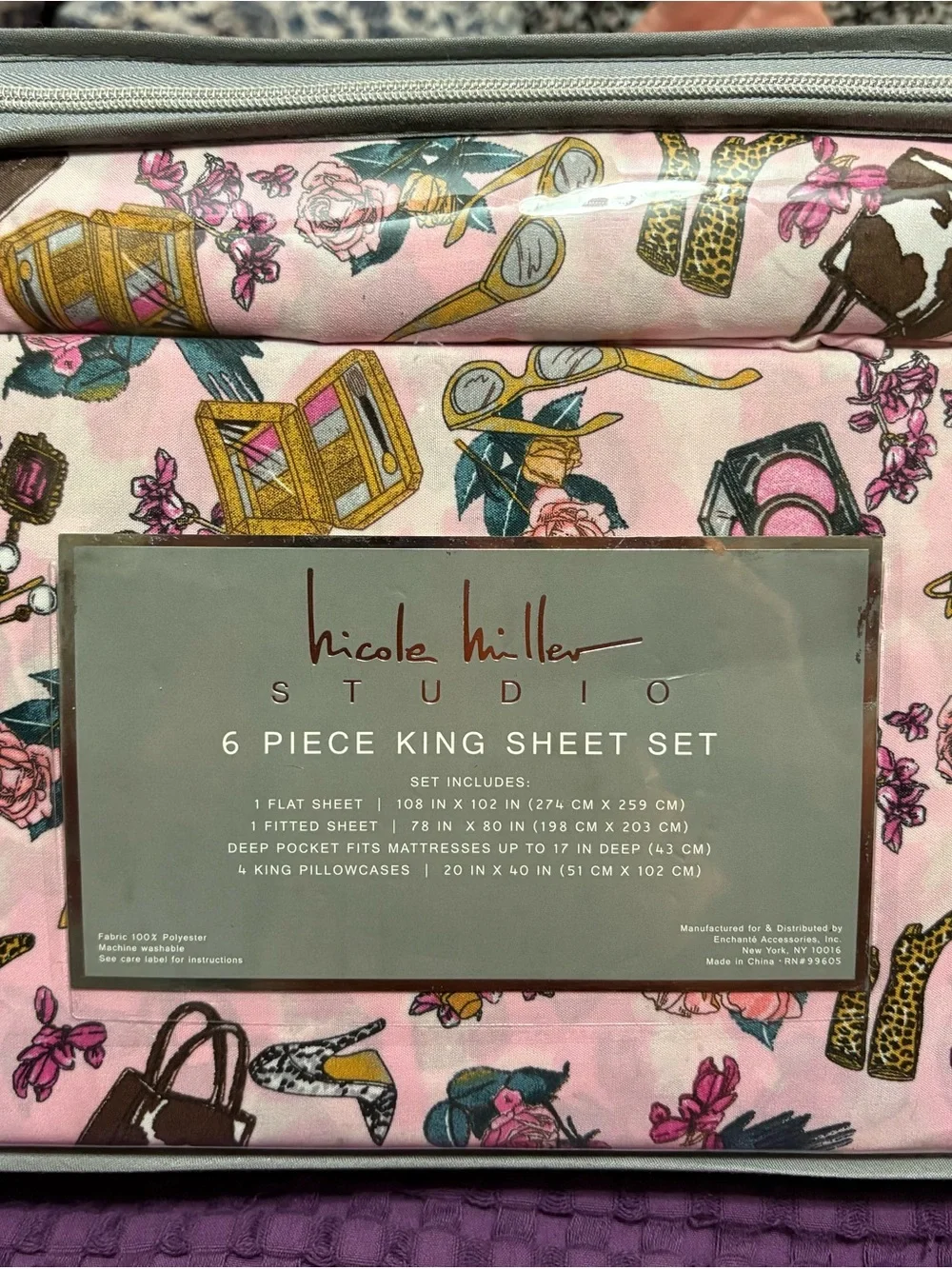 Nicole Miller Pink Fashion-Print King Sheet Set with Floral & Accessory Motif